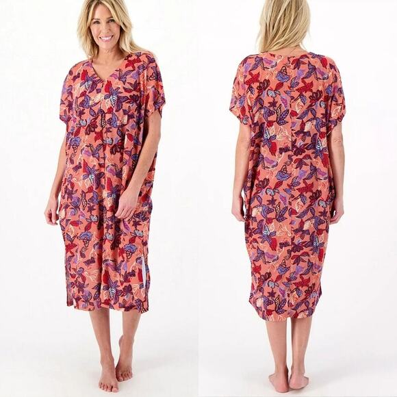 LOGO Beach to Street Printed Caftan Dress Women's L Coastal‎ Vacation Beach Boho - Picture 1 of 15